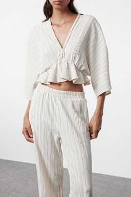 Ekru Dokulu Kumas Volanl? Dokuma Bluz TWOSS24BZ00480