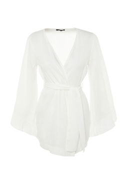 Ekru Kusakl? Dokuma Volanl? Mini Plaj Kimono&Kaftan TBESS21KM0002
