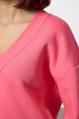 Trendyolmilla Pembe Basic Regular/Normal Kal?p V yaka Kal?n Ici Polarl? Orme Sweatshirt TWOAW25SW00214 фото 4