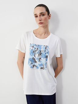 Bisiklet Yaka Bask?l? Kad?n Ti??rt