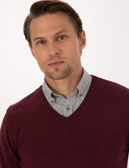 Koyu Bordo Slim Fit V Yaka Basic Triko Kazak - Pierre cardin фото 2