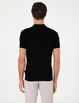Siyah Slim Fit Fermuarl_ Polo Yaka Triko T-shirt