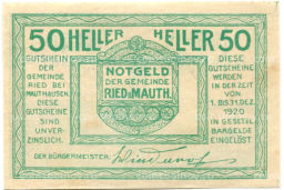 Банкнота 50 геллеров 1920 года Австрия  Рид-бай-Маутхаузен (нотгельд)