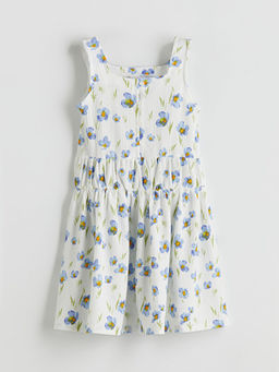 Kare Yaka ?i?ekli K?z ?ocuk Elbise