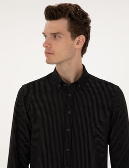 Siyah _izgi Bask_l_ Slim Fit Uzun Kollu G_mlek