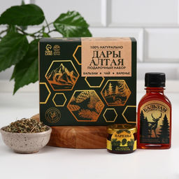 Подарочный набор Секреты Алтая: сбор трав 20 г., варенье из сосновых шишек 20 г., безалкогольный бальзам 100 мл.