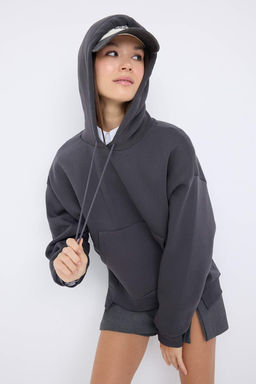 Teen Antrasit Kal?n Ici Polarl? Kapusonlu Cepli Asimetrik Orme Sweatshirt TWOAW26SW00113