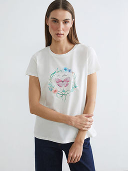 Bisiklet Yaka Bask?l? Kad?n Ti??rt