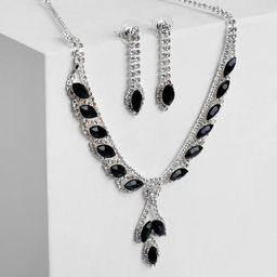 Набор 2 предмета: серьги, колье «Листопад», ромб, чёрно-белый в серебре, 45 см