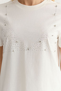 TRENDYOLMILLA Ekru %100 Pamuk Regular/Normal Kal?p Tas Detayl? Orme T-Shirt TWOSS25TS00016  фото 4
