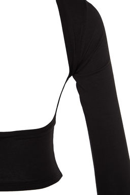 Trendyolmilla Saks Derin S?rt Dekolteli Fitted/Vucuda Oturan Pamuklu Esnek Orme Bluz TWOAW24BZ00173