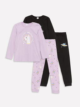 Bisiklet Yaka Bask?l? Uzun Kollu K?z ?ocuk Pijama Tak?m? 2li