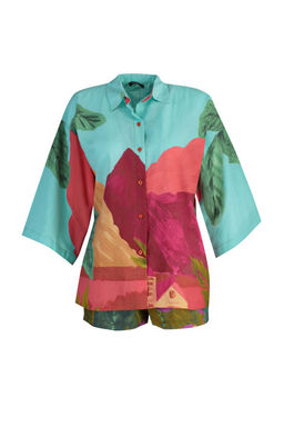 Manzara Desenli Dokuma %100 Pamuk Plaj Gomlek-Sort Tak?m TBESS22AU0040