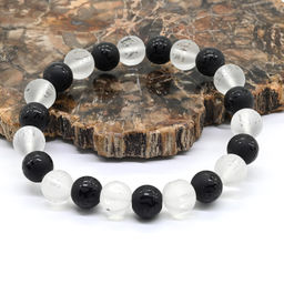 Браслет с мантрой из хрусталя и агата черного шарик 10мм, 18см Радуга камня