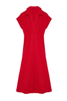 K?rm?z? Duz A Kesim Kruvaze Yaka Aerobin Midi Dokuma Elbise TWOSS24EL00599