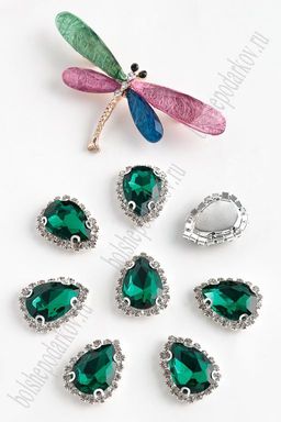 Стразы пришивные в серебряной оправе 17*23 мм "Капля" (5 шт) SF-2052, изумрудный №5
