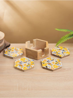 Подставка под горячее «Желтые и синие цветы», набор 4 шт., 15×13×5 см, дерево манго