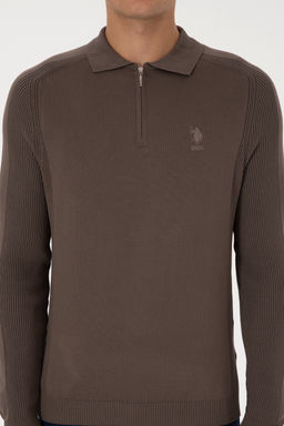 Erkek Slim Fit YarДm FermuarlД Polo Yaka Vizon Kazak - U.s. polo assn фото 6