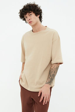 Bej Oversize/Geni_ Kesim S_rt Yaz_ Bask_l_ %100 Pamuklu T-Shirt TMNSS21TS2037 - Trendyolmilla фото 2