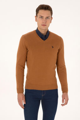 Erkek Slim Fit V Yaka Camel Basic Triko Kazak