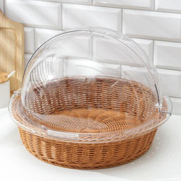 Хлебница с крышкой Доляна «Крем», плетёное основание, d=40 см, пластик, коричневая