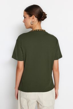 Yesil %100 Pamuk Regular/Normal Kal?p Slogan Bask?l? Basic Dik Yaka Orme T-Shirt TWOAW20TS0099