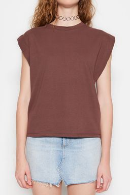 Kahverengi %100 Pamuk Vatka Gorunumlu Basic Bisiklet Yaka Orme T-Shirt TWOSS20TS0021