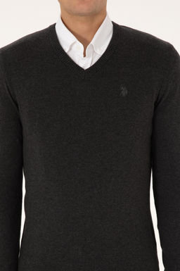 Erkek Slim Fit V Yaka Antrasit Melanj Basic Triko Kazak - U.s. polo assn фото 6