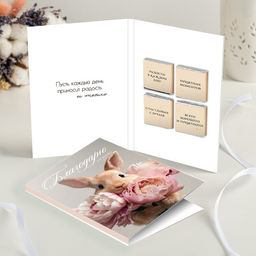 Открытка 4 шоколадки "Благодарю всего сердца (кролик с цветами)"