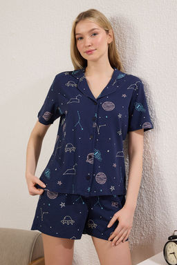 Trendyolmilla Ekru %100 Pamuklu Galaksi Desenli Sortlu Orme Pijama Tak?m? THMSS25PT00299  фото 10