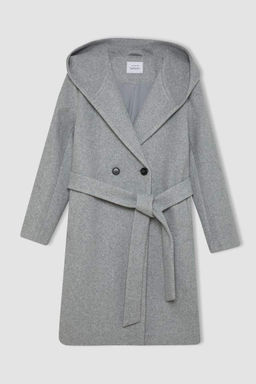 Пальто стандартного кроя с капюшоном и пуговицами, с длинными манжетами и поясом - Defacto фото 6