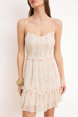 Beyaz Cicek Desenli Belden Ac?lan V Yaka Mini Astarl? Sifon Dokuma Elbise TWOSS23EL01782