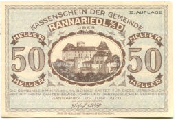 50 геллеров 1920 года Австрия Раннариедль (нотгельд)