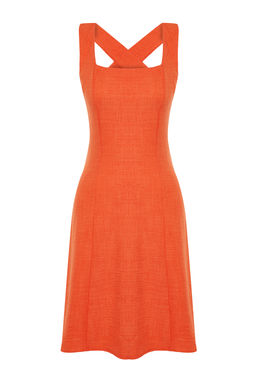 Turuncu A-Kesim Kare Yaka Mini Dokuma Elbise TWOSS23EL01549