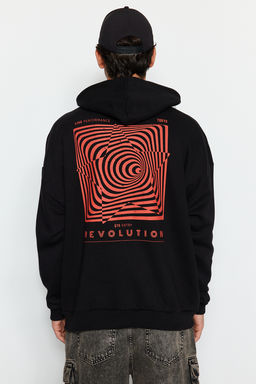 TRENDYOL MAN Siyah Oversize/Genis Kesim Kapusonlu Labirent Bask? Polar Pamuk Sweatshirt TMNAW24SW00201 - Trendyolmilla фото 13