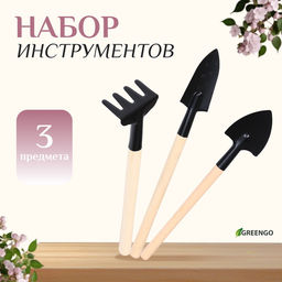 Цена за 3 шт. Набор садового инструмента для комнатных растений, 3 предмета: грабли, 2 лопатки, длина 24 см, деревянные ручки, Greengo