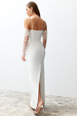 TRENDYOLMILLA Bridal Beyaz Vucuda Oturan Astarl? Dokuma Dugun/Nikah Uzun S?k Abiye Elbise TPRSS24AE00016  фото 6