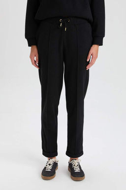 Базовые прямые черные брюки с эластичной резинкой на талии стандартной посадки, длинные черные брюки со складками и карманами на шнуровке - Defacto фото 4