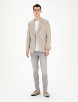 A__k Kahverengi Slim Fit Keten _izgili Ceket