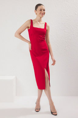 TRENDYOLMILLA Kahverengi Duz Vucudu Saran Midi Dokuma Elbise TWOSS25EL00619