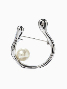 Брошь «Подкова», с бусиной №10, цвет белый в серебре