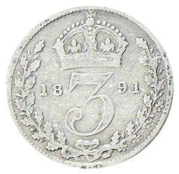 Монета 3 пенса 1891 года Великобритания