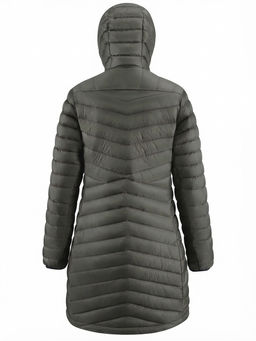 Куртка женская удлинённая стёганая с капюшоном и графеновой подкладкой цвета хаки 9628_1Kh