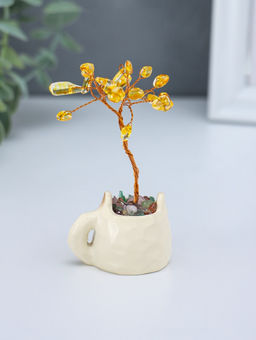 Денежное дерево декоративное «Сувенир бонсай. Котик-кружка», 12 жёлтых камней, 3.5×4.7×7.5 см