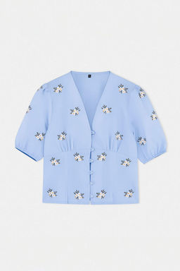 Mavi Cicek Nak?sl? V Yaka Bluz TWOSS26BZ00761