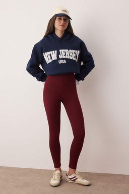 Bordo Yuksek Bel Basic Beli Lastikli Interlok Orme Tayt TWOAW20TA0047