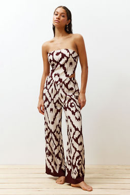 Etnik Desenli Desenli Dokuma Straplez Bluz Pantolon Plaj Tak?m TBESS24AU00017