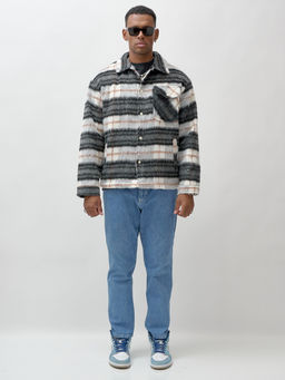 Куртка рубашка шерстяная в клетку мужская демисезонная темно-серого цвета 58565TC