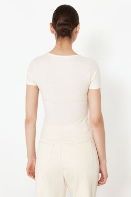 Ekru Ketenli Fitted/Vucuda Oturan Fitilli Esnek Orme Bluz TWOSS24BZ00566 - Trendyolmilla фото 6