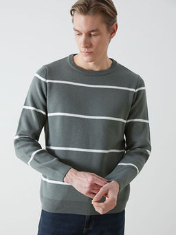 Bisiklet Yaka Uzun Kollu ?izgili Erkek Triko Kazak